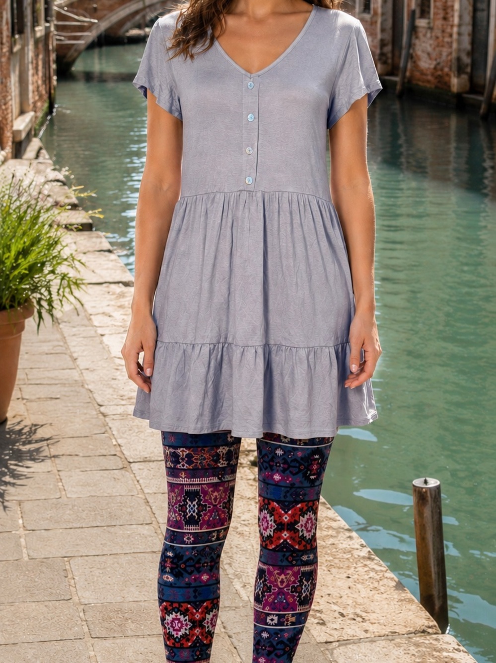 Starlet Gray Tunic Dress & Bobbie Brooks Printed Leggings Set M - Picture 3 of 14